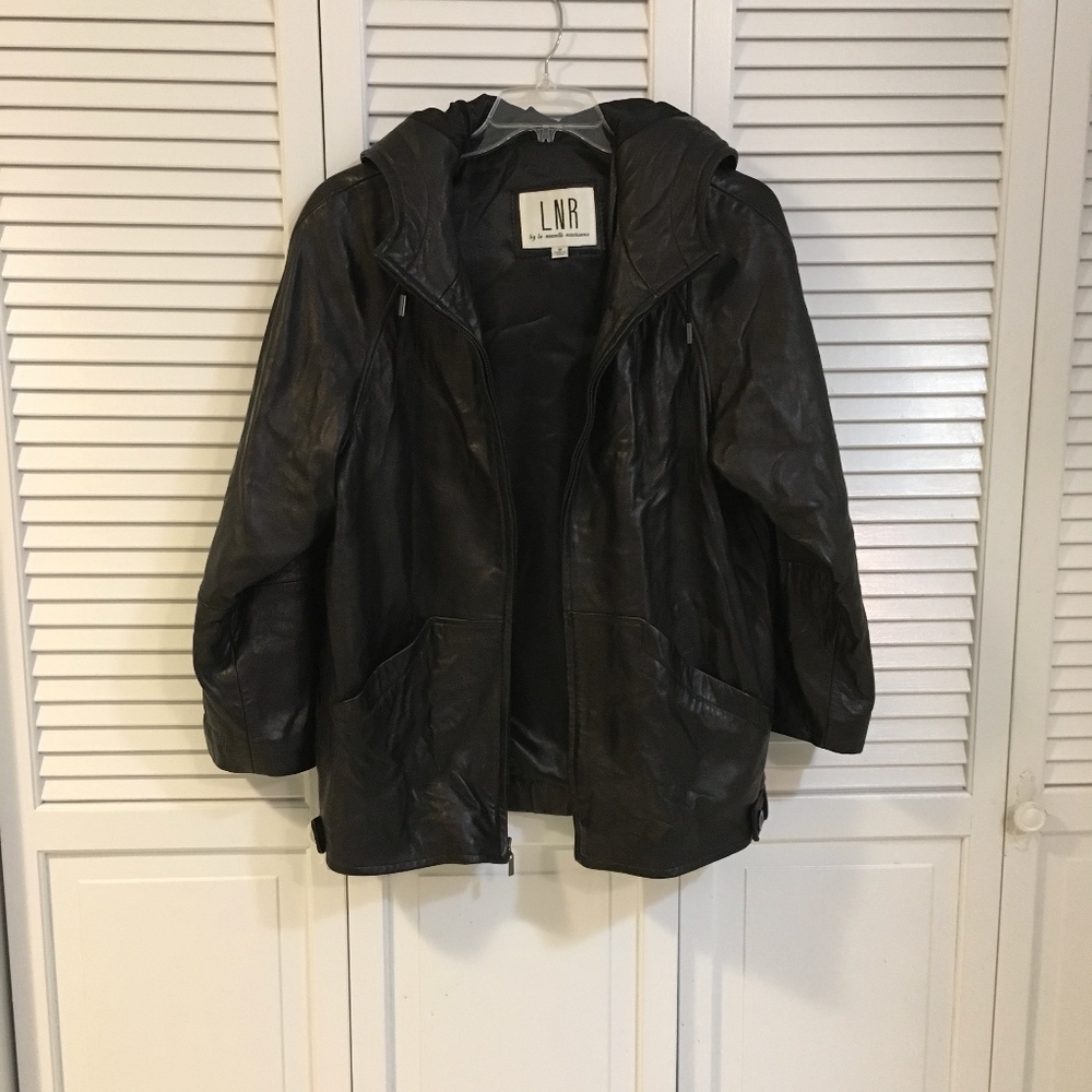 Women Black Leather Jacket Medium Hood LNR 28"
